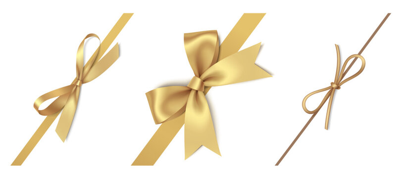 Set of wonderful diagonally decorative Christmas golden bow with ribbon or rope, isolated on white. Beautiful new year corner decoration for your wrapping design. Vector stock illustration.