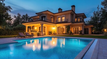 Expensive private villa with swimming pool in a private house. Evening view of the mansion exterior with a luxury villa and swimming pool