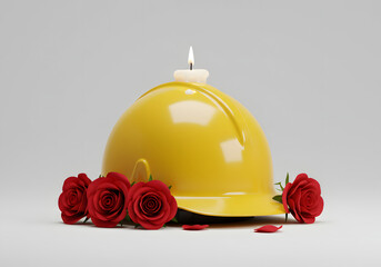 Remembrance and Honor—Red Roses Surrounding a Helmet and Candle in Recognition of Workers’ Memorial Day
