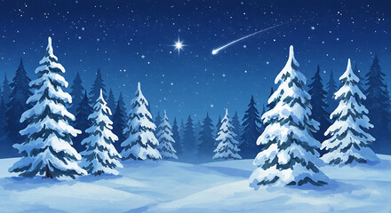 Winter Night's Wish: Snow-Covered Forest & Shooting Star AI Generated