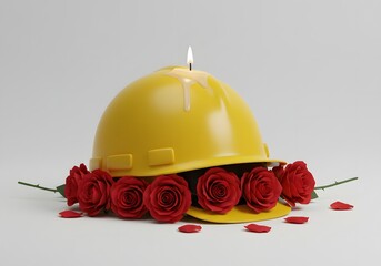 Honoring the Fallen—3D Symbolic Image of a Candle atop a Helmet with Roses on a White Background