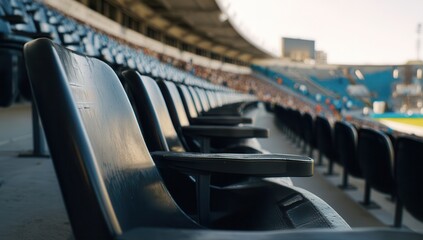 Fototapeta premium Empty stadium seats in a large sports arena under bright daylight.
