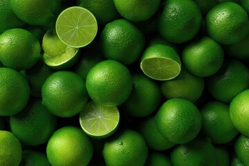 A vibrant close-up of a collection of fresh limes, with several sliced, revealing their juicy interior and invigorating essence.