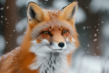 Fototapeta premium A Noble Fox in Winter Wonderland, Wildlife Portrait for Print and Wallpaper, Animal Illustration