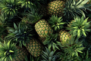 Fototapeta premium A vibrant display of fresh, ripe pineapples, showcasing their textured skin and lush green foliage.