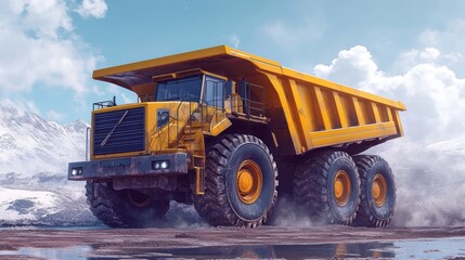 Obraz premium Massive yellow dump truck traverses a rugged and snowy terrain