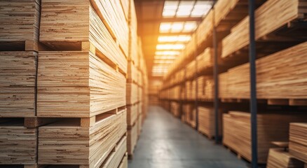 Wooden Planks Stacked Neatly in a Sunlit Warehouse Aisle