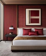 Modern luxury bedroom with red accents and artistic decor elements