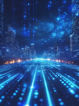 Futuristic Digital Arena with Glowing Binary Code and Blue Light Lines, Embracing the Essence of Advanced Technology - Vertical Layout Tech Poster Concept，Future Technology City