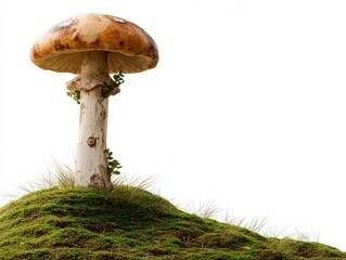A solitary, oversized mushroom with a broad, tan cap and a thick, textured stem emerges from a small, mossy hillock, creating a surreal and captivating scene.