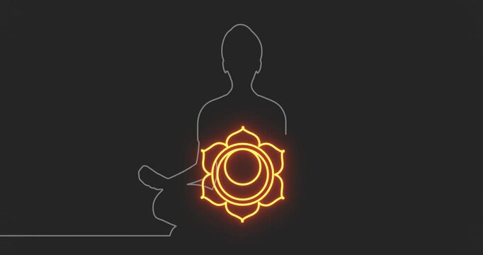 Young girl with sitting in yoga lotus pose. Sacral chakra point with definition. Happy relaxed female character performing meditation exercise. Sport and health. Fashion girl outline silhouette.
