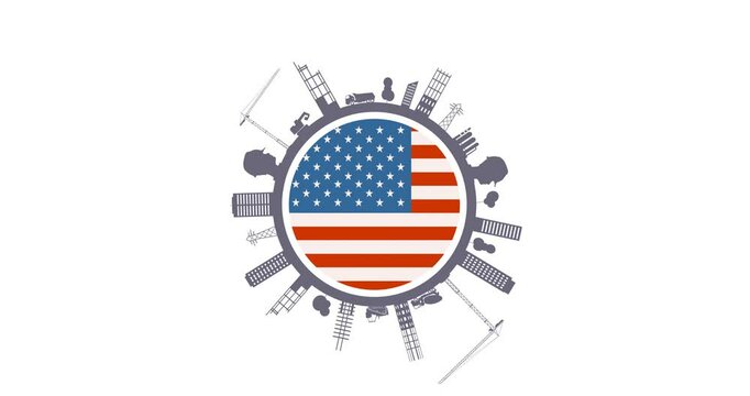 Urban construction innovative skyscrapers currently under development and planning. Tower crane on residential building construction site. Modern townhome building. National flag of USA