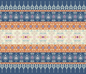 Damask art, ethnic, abstract, Damask pattern, blue background, multicolored horizontal full pattern for textile, clothing, curtains, carpets, blankets, decoration, vector illustration.