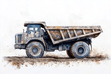 Watercolor painting depicts a large construction dump truck side view