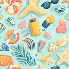 Cute bright seamless summer pattern with items for the sea and vacation