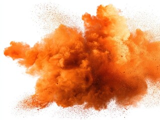 An energetic shot of vibrant orange particles exploding dynamically, forming a captivating cloud of color and abstract energy. Perfect for illustrating force, impact.