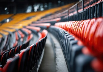 Vivid rows of empty stadium seats, creating a dynamic pattern in red and black hues.