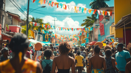 A lively St. George’s Day street festival in Jamaica, featuring spirited crowds, vibrant Caribbean decorations, and local artists showcasing their crafts