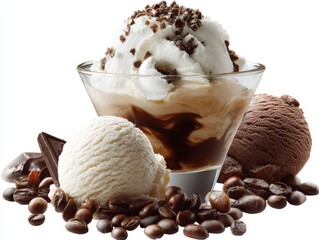 A decadent ice cream sundae featuring a rich combination of flavors, from the coffee base to the whipped cream