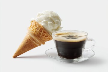 The fusion of creamy vanilla ice cream in a crispy waffle cone and a dark espresso, creating a refreshing contrast in taste and temperature