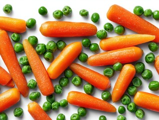 An eye-level perspective showcases a colorful assortment of fresh baby carrots and green peas, evoking a sense of healthy eating and natural freshness.