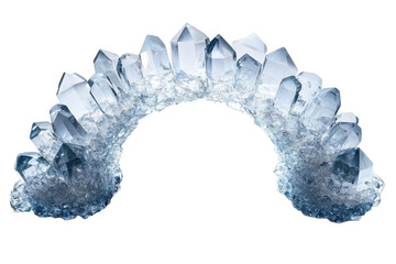 Stunning blue quartz crystal cluster forming an arch against a black background showcasing its intricate details and icy