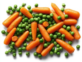 Vibrant, freshly harvested carrots and peas arranged in a photorealistic, inviting display, ready for culinary creation.