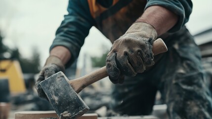Construction worker using a hammer on site. Featuring manual labor and construction work