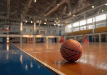 Naklejka premium Basketball lying on an empty indoor court with wooden floors and high ceilings, creating a calm yet anticipatory atmosphere.