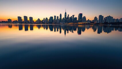 Fototapeta premium Dawn Reflection: Skyline Mirrored in Calm Water