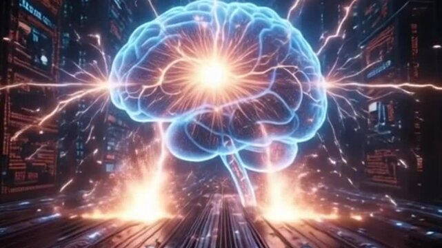 Human head with neon brain emblem, medicine, sign, human body part, and human brain.