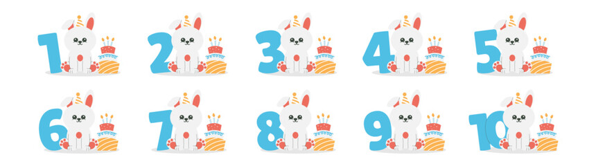 Cute bunny character in hat, cake with candles, numbers vector set. Beautiful elements for Kids Birthday Party invitation, greeting card, poster, event, prints and cake toppers design