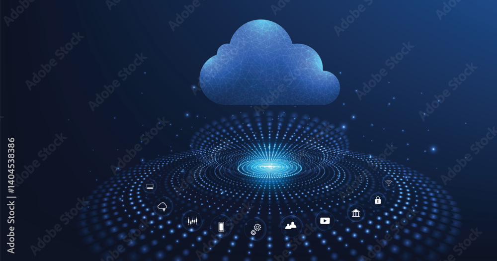 Aufkleber Cloud computing concept. Cloud storage with data protected exchange Cloud computing, big data center, on dark blue background.Cloud Technology illustration concept.	