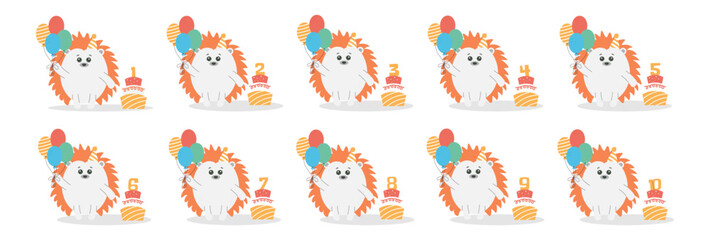 Cute baby hedgehog character,balloons,cake with numbers from 1 before 10 vector set. Beautiful elements for Kids Birthday Party invitation,greeting card,poster,event,prints,cake toppers design © Dukhanina Ekaterina