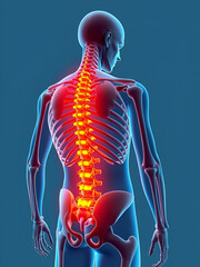 3d skeleton view with the entire spine and surrounding muscles glowing in orange, representing chronic back pain and spinal misalignment. Glowing. Illustration