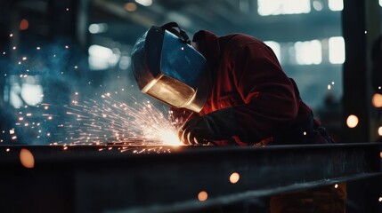Construction worker welding metal beams. Featuring welding skills and metal construction