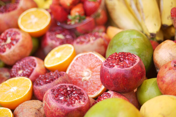 Colorful display of fresh fruits at a local market in spring