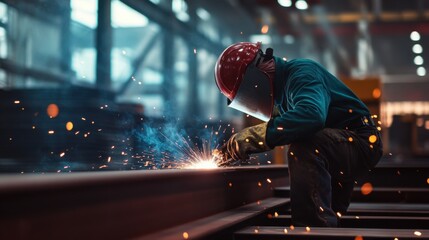Construction worker welding metal beams. Featuring welding skills and metal construction