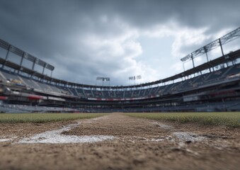 Fototapeta premium Dramatic skies over an empty baseball stadium field.