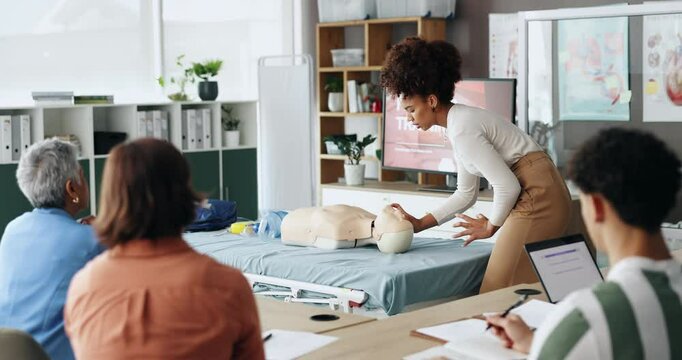 Woman, teaching and dummy for first aid training for drowning, demonstration lesson and rescue. Person, explaining and position airway, medical emergency and procedure technique for healthcare course
