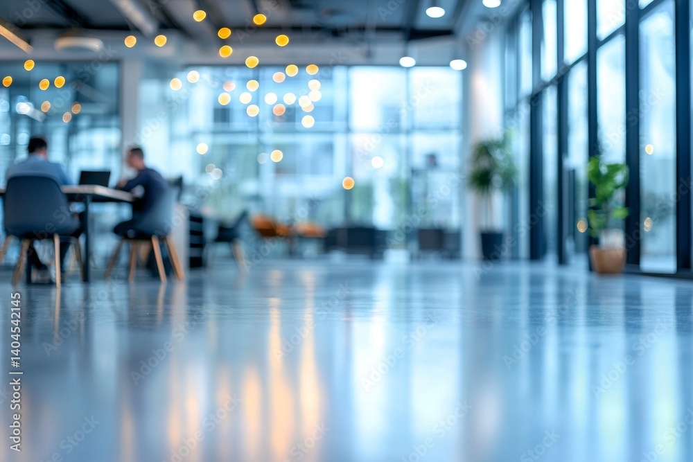Poster In a modern office setting filled with natural light, individuals converse at a table while lush plants and soft lighting create an inviting atmosphere for collaboration and creativity