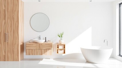 Fototapeta premium Modern Minimalist Bathroom with Light Wood and White Accents