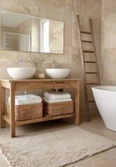 Modern bathroom interior with wooden vanity and elegant design