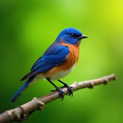 Sapphire bluebird rests on twig, lush green blur, eye, avian