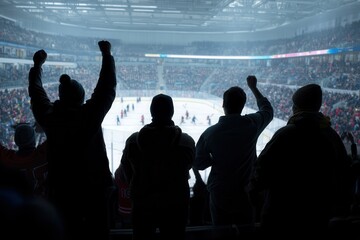 Excited fans cheer as players compete in an intense ice hockey match in a packed arena.