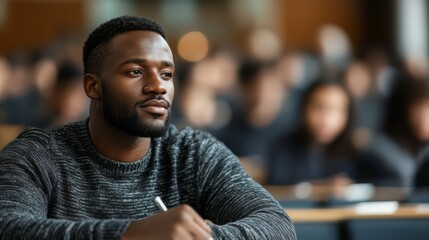 Black male student sits in a classroom and ponders ideas