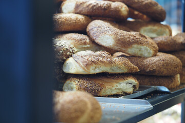 Freshly baked bread displayed at a local market