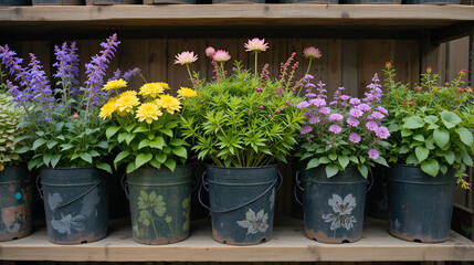 Fototapeta premium a variety of perennials in containers on a wooden shelf