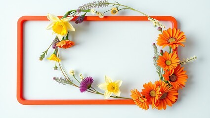 Floral Wreath in Red and Orange Plastic Frame, Daffodils, Achillea, and Borago