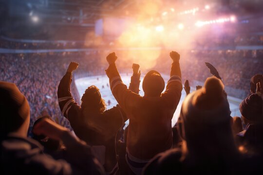 Excited hockey fans cheer during an intense game in a packed stadium.